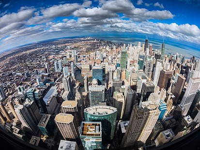 Чикаго, Иллинойс, вид сверху на город, океан, небоскребы, Чикаго, Иллинойс, сверху, вид, город, океан, небоскребы, HD обои HD wallpaper