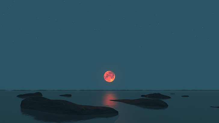 red moon, Moon, sea, lunar eclipses, landscape, photography, moonlight, rock, horizon, HD wallpaper