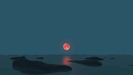 red moon, Moon, sea, lunar eclipses, landscape, photography, moonlight, rock, horizon, HD wallpaper HD wallpaper