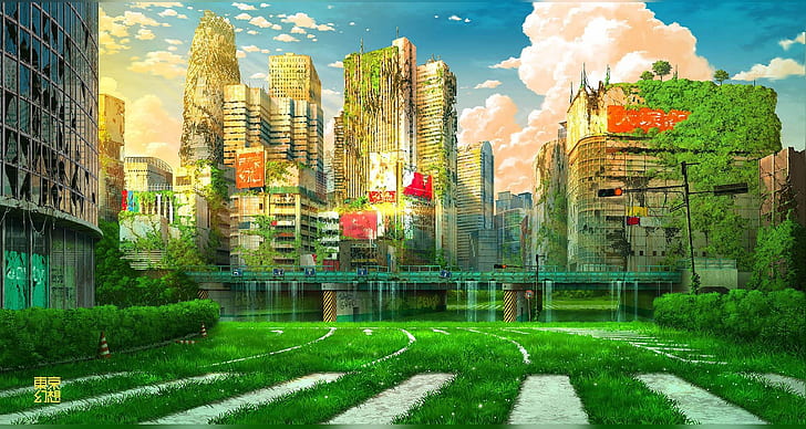 greens, bridge, Tokyo, Japan, romance of the Apocalypse, desolation, crosswalk, deserted city, post Apocalypse, destroyed buildings, the sky in the clouds, HD wallpaper