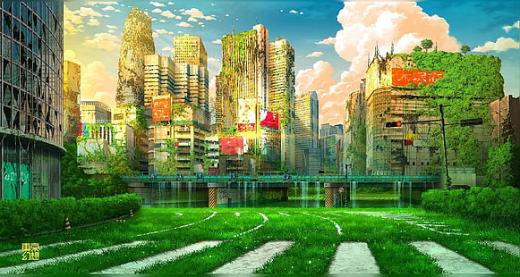  greens, bridge, Tokyo, Japan, romance of the Apocalypse, desolation, crosswalk, deserted city, post Apocalypse, destroyed buildings, the sky in the clouds, HD wallpaper HD wallpaper