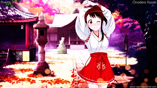 frau im weißen und roten kleid mit den händen oben auf dem kopf, anime, nisekoi, miko, onodera kosaki, anime girls, HD-Hintergrundbild HD wallpaper