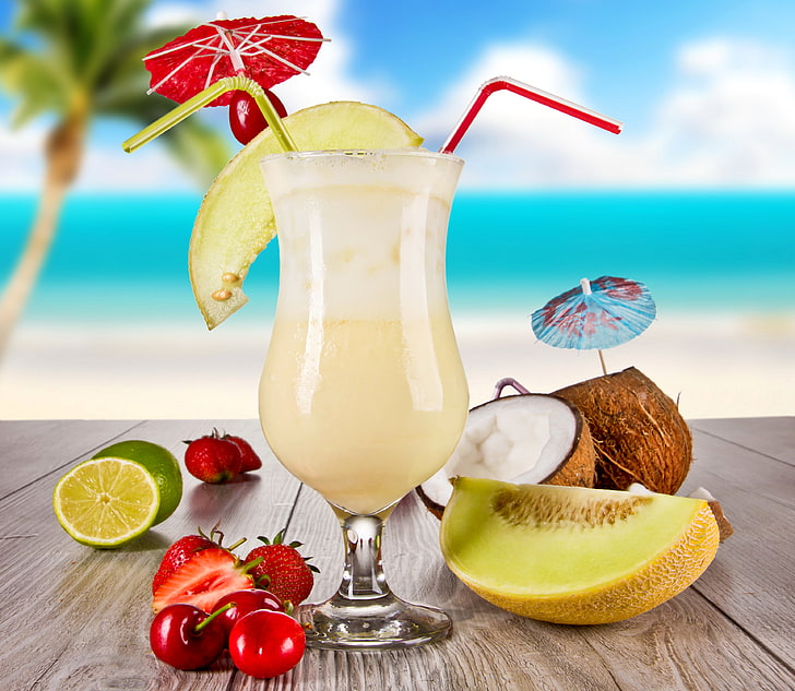 clear footed glass, sea, beach, cherry, Palma, table, glass, coconut, strawberry, juice, umbrellas, cocktail, lime, drink, tube, melon, HD wallpaper