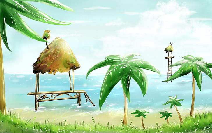 Palm beach cabins sea bird vector painting, brow hut and coconut trees painting, Palm, Beach, Sea, Bird, Vector, Painting, HD wallpaper