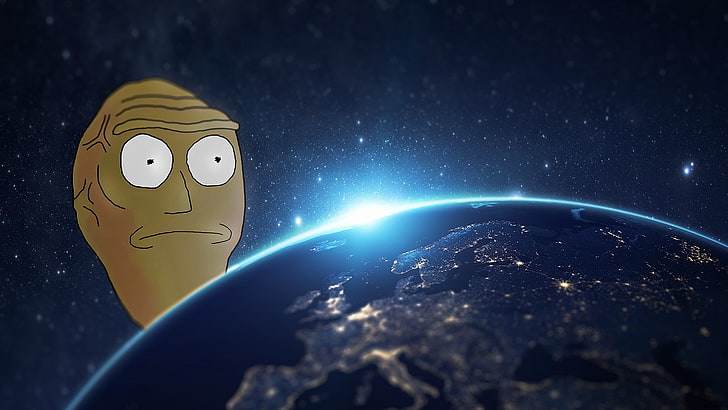 Rick and Morty, Show me what  you got, floating heads, cartoon, Earth, HD wallpaper