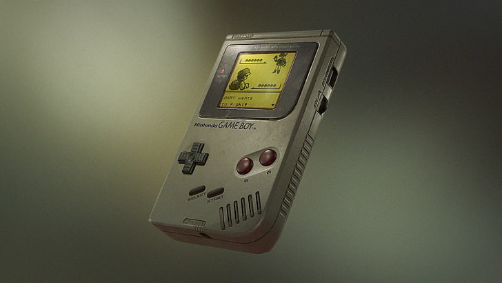 Nintendo Game Boy gris, GameBoy, render, orígenes de pokemon, fondo gris, Fondo de pantalla HD