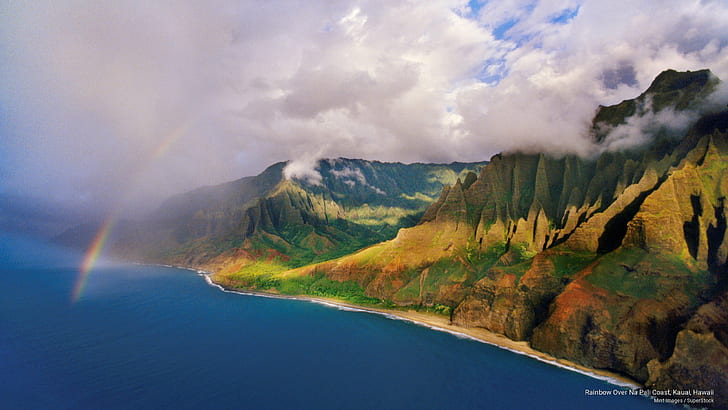 Радуга над побережьем На Пали, Кауаи, Гавайи, острова, HD обои