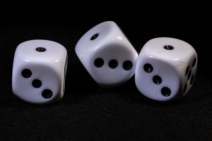 three white dice, Macro, Mondays, Three  three, Makro, Sigma, 105 mm, Drei, gambling, luck, chance, dice, risk, winning, leisure Games, success, HD wallpaper