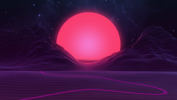 The sun, Mountains, Music, Stars, Neon, Space, Light, Graphics, Synthpop, Synth, Synth-pop, Sinti, HD wallpaper