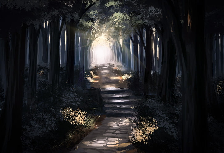 gray concrete pathway, anime, forest, landscape, trees, path, HD wallpaper