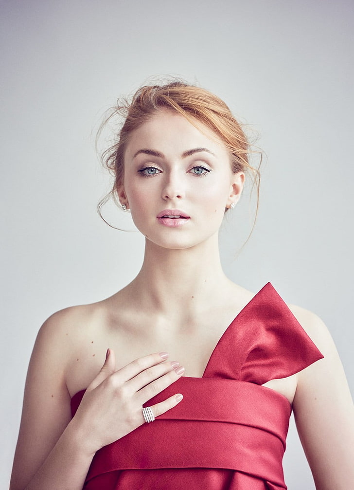 blonde haired woman, actress, women, Sophie Turner, looking at viewer, portrait display, brunette, bare shoulders, hands, portrait, model, red dress, strapless dress, redhead, blue eyes, HD wallpaper