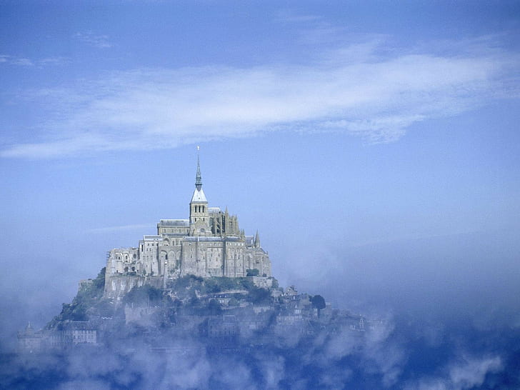 Мон Сен-Мишель, замок, аббатство, остров, туман, HD обои