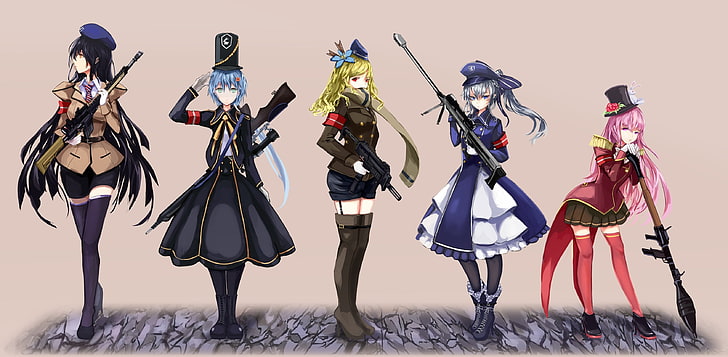 anime, chicas anime, pistola, arma, uniforme, personajes originales, Fondo de pantalla HD