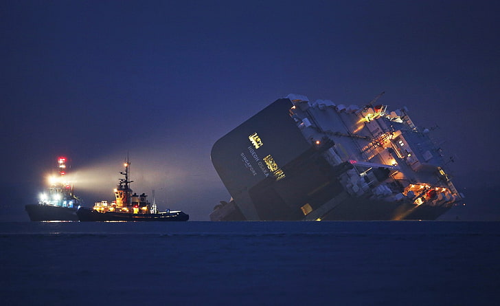 black ship, sea, ship, shipwreck, cargo, night, lights, HD wallpaper