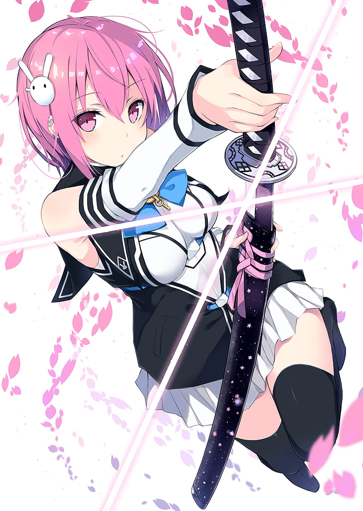 anime girls, anime, pink hair, katana, sword, pink eyes, HD wallpaper