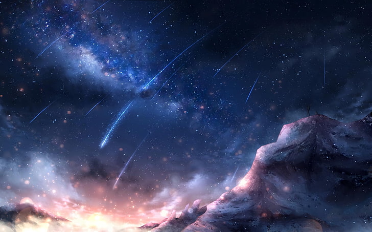 Anime, original, nuage, comète, montagne, nuit, ciel, étoiles, Fond d'écran HD