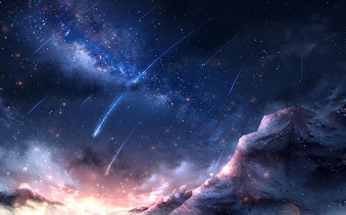 Аниме, Оригинал, Облако, Комета, Гора, Ночь, Небо, Звезды, HD обои HD wallpaper