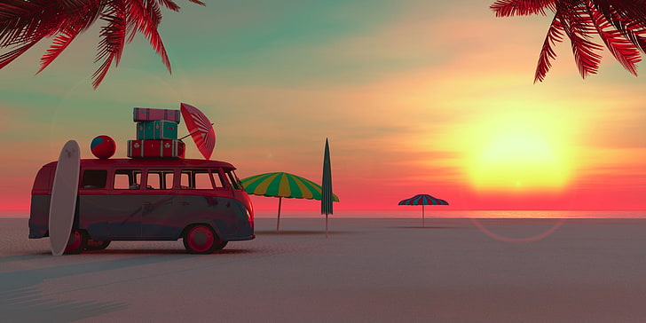 Sunset, beach, vara, car, summer, umbrella, HD wallpaper