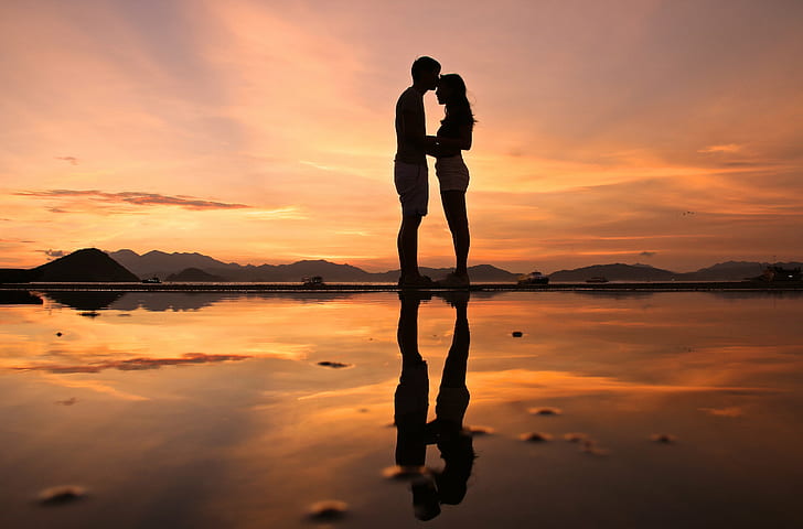 photo of man and woman standing each other, james, sunset, burning love, retouched, photo, man and woman, 2d, CC-BY, colour, reflection, silhouette, backlight, contraluz, shadow, photoshop, symmetry, mirror  man, woman, love, girl, boy, people, romantic, burning, water, outdoor, RealPeople, coucher de soleil, fondo, postal, postcard, carte, Creative Commons, agua, eau, hombre, homme, mujer, femme, chica, fille, gente, retouch, photomontage, photomanipulation, adaptation, amor, amour, romance, everlasting, affection, passion, kiss, bisou, lovers, pareja, couple, summertime, verano, orange, silueta, contrejour, sombra, ombre, été, beach, sea, outdoors, togetherness, women, nature, family, summer, men, lifestyles, vacations, happiness, HD wallpaper
