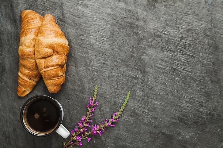flowers, coffee, Breakfast, Cup, good morning, croissants, growing, HD wallpaper