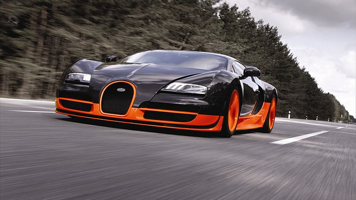 черно и оранжево Bugatti Veyron, Bugatti Veyron, път, HD тапет