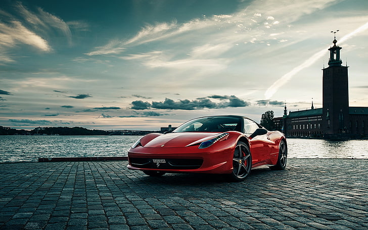 red sport coupe, river, Ferrari, promenade, ferrari 458 Italia, HD wallpaper