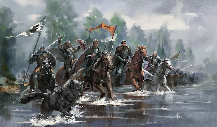 loup noir près de chevaux peinture, oeuvre d'art, art fantastique, Game of Thrones, Fond d'écran HD