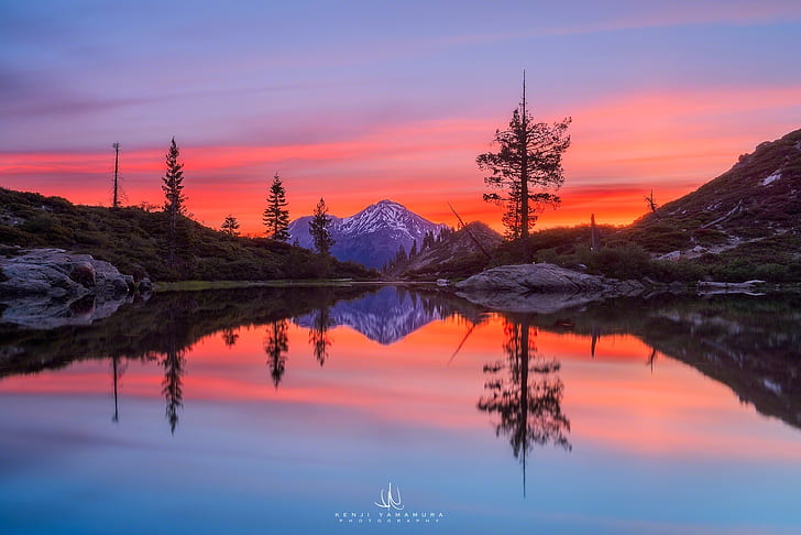 dawn, mountain, photographer, pond, California, Mount Shasta, Kenji Yamamura, Castle Lake, HD wallpaper