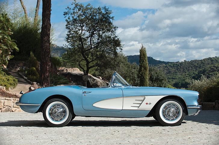 (c1), 1960, biru, mobil, chevrolet, klasik, convertible, corvette, Wallpaper HD