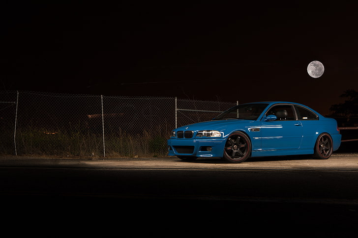 blue 5-door hatchback, car, BMW, blue cars, Moon, e46, HD wallpaper