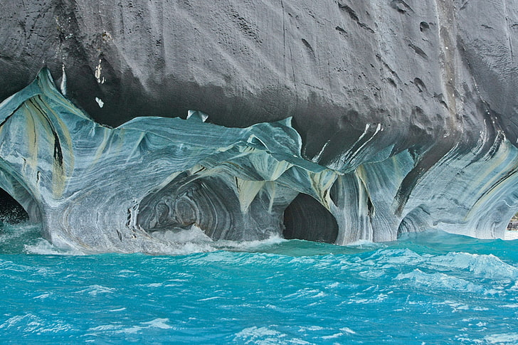 cueva gris y blanca, cuevas de mármol chile chico, chile, cuevas, agua, Fondo de pantalla HD