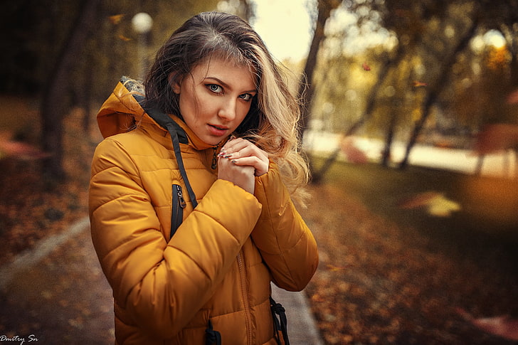 modelo, mujer, retrato, fotografía, 500 px, chaqueta naranja, chaqueta, Dmitry Shulgin, Fondo de pantalla HD
