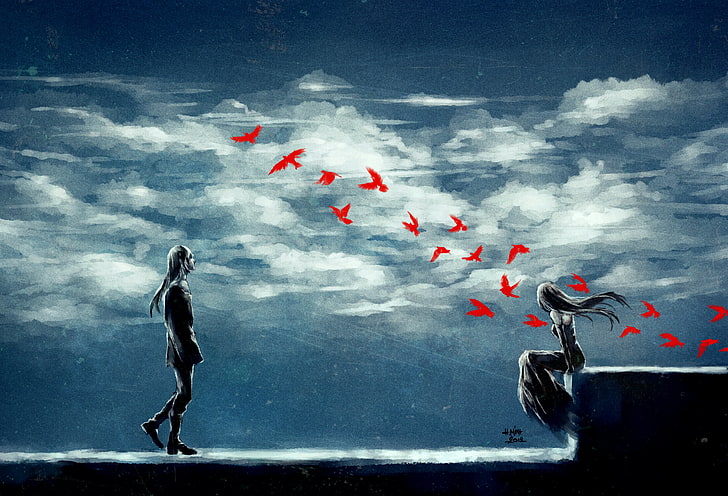 woman sitting on gray surface illustration, original clouds, anime, girl, boy, art, birds, HD wallpaper