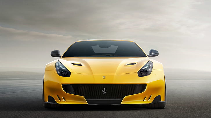 Tampak depan supercar kuning Ferrari F12, Ferrari, F12, Kuning, Supercar, Depan, Tampak, Wallpaper HD