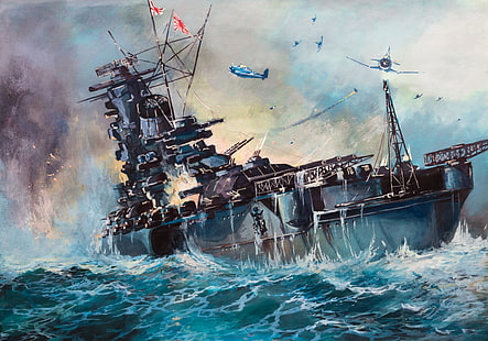 灰色の戦闘船の図、攻撃、船、油、爆発、バースト、日本、戦い、アート、水彩画、劇場、アメリカ、海軍、軍事、海、絵画、日本語、ショット、WW2、アクション、航空機、銃、太平洋、空気、ガッシュ、インペリアル、F4Uコルセア、 HDデスクトップの壁紙 HD wallpaper