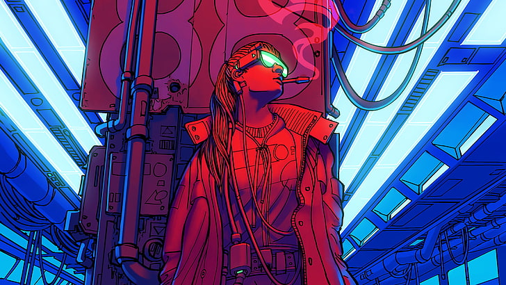 camisa xadrez vermelha e azul, arte digital, ficção científica, cyberpunk, HD papel de parede