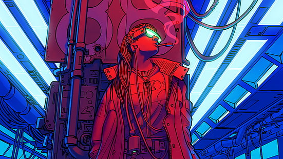 camisa xadrez vermelha e azul, arte digital, ficção científica, cyberpunk, HD papel de parede HD wallpaper