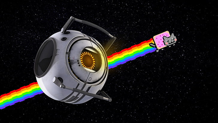 круглый серый космический корабль, Nyan Cat, портал (игра), космос, видеоигры, HD обои