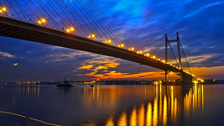 bridge, lights, river, the evening, India, glow, West Bengal, Ganges, Kolkata, Hooghly Bridge, HD wallpaper