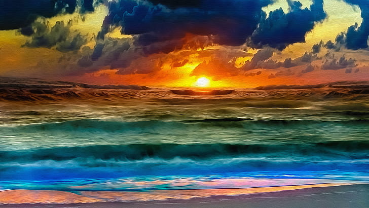 Artistic, Seascape, Colors, Oil Painting, Sea, Sunset, HD wallpaper