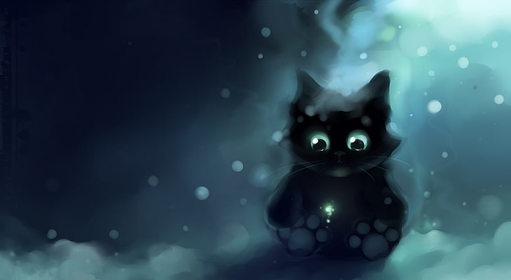 Magic Sparkles, ilustracja czarny kot, artystyczny, fantasy, magia, piękny, zima, kotek, czarny, grafika, kotek, zwierzę, śnieg, płatki śniegu, malarstwo, ładny, malowanie kota, zdumiony, iskierki, czarny kot, Tapety HD