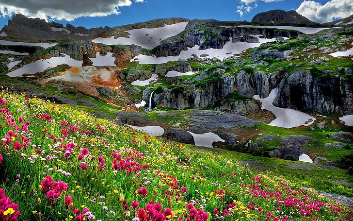 Пролетни красиви планински склонове, цветя, скали, остатъци от сняг 3840 × 2400, HD тапет