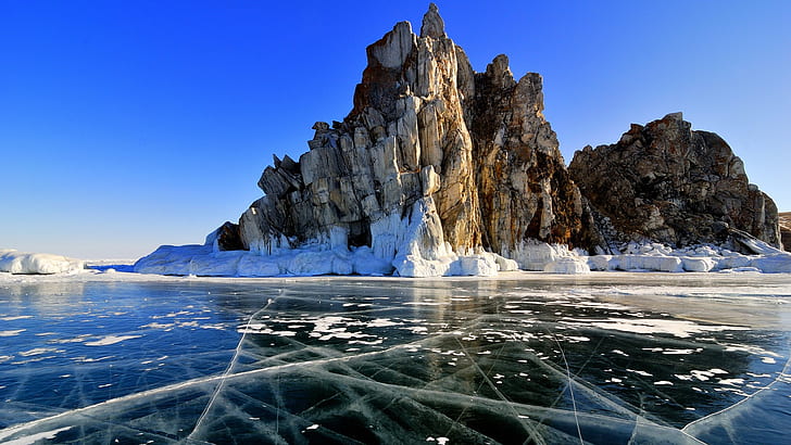 nature, landscape, rocks, ice, clear sky, lake, Lake Baikal, Russia, HD wallpaper