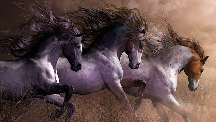 kuda, kuda, surai, kuda mustang, berpacu, berlari, gerak, karya seni, seni, kuda betina, lukisan, kuda liar, mustang, Wallpaper HD