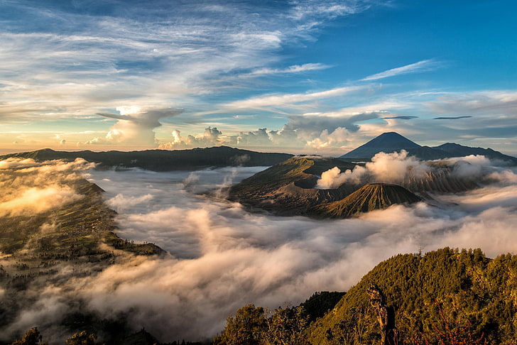 облака, пейзаж, природа, Индонезия, Ява, вулкан Бромо, Национальный парк Бромо-Тенгер-Семеру, Кальдера Тенгер, HD обои