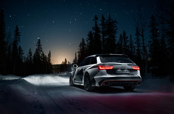Audi, дорога, ночь, снег, лес, звезды, Quattro, Rs6, HD обои