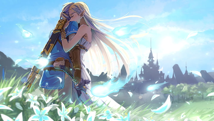fantasy anime woman and man art, The Legend of Zelda, video games, Zelda, Link, The Legend of Zelda: Breath of the Wild, hugging, HD wallpaper