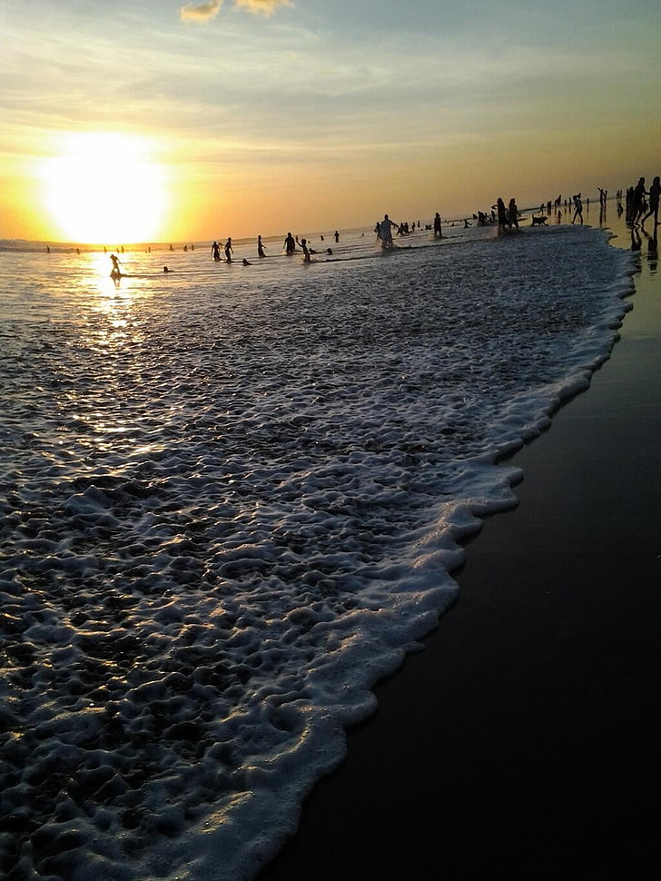 sabbia grigia, spiaggia, tramonto, Bali, onde, persone, cielo, sabbia, Sfondo HD, sfondo telefono