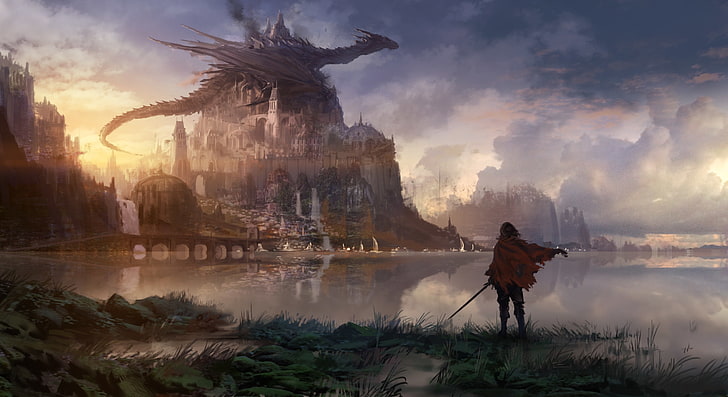 dragon, castle, knight, red cape, fantasy world, painting, Fantasy, HD wallpaper
