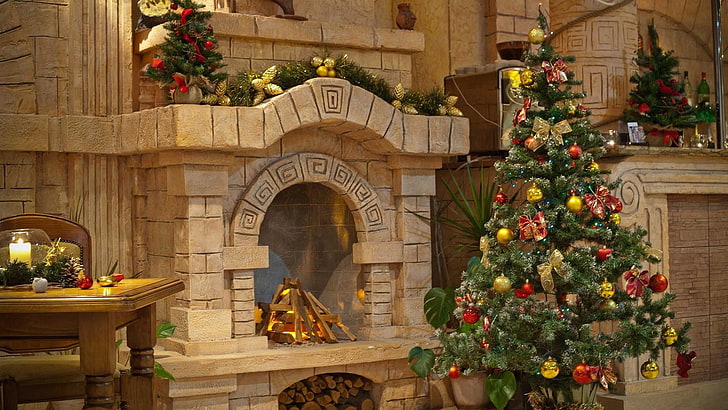 christmas decoration, home, christmas, christmas tree, decor, holiday, fireplace, HD wallpaper